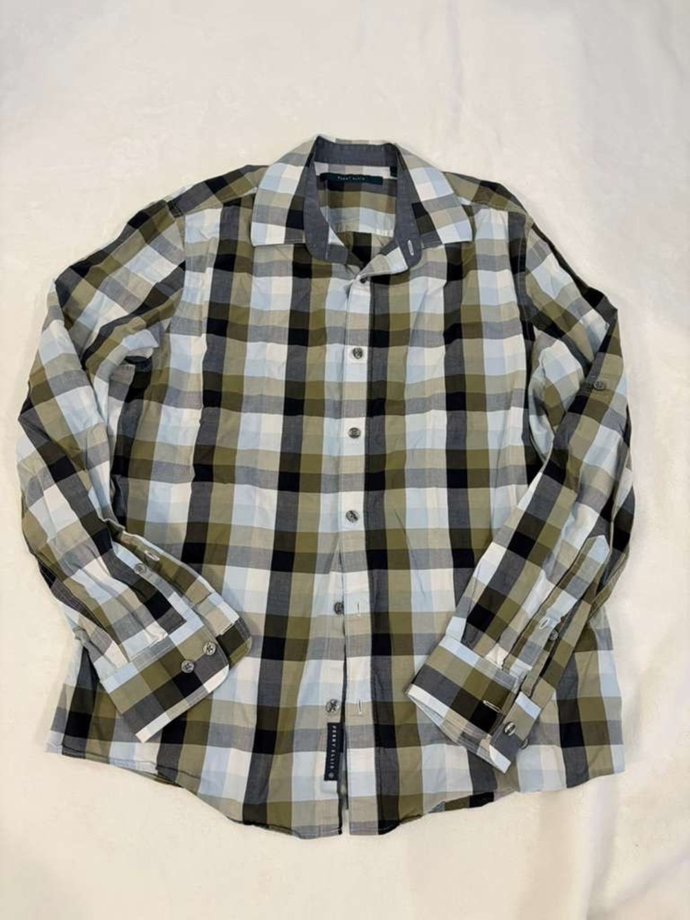 Perry Ellis Olive Green & White Plaid Button-Down Shirt